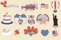 Presidents Day stickers, cake, balloons, flag, statue of liberty, hot dog, American soccer Royalty Free Stock Photo